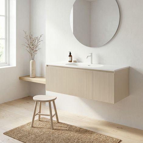 Naturel – Meuble de salle de bain 120x35x52 cm – Vasque à poser en marbre coulé beige mat – AUSTEN120BG – Installation murale