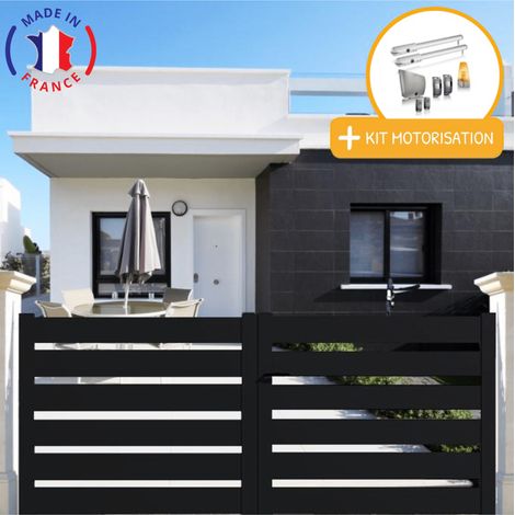 Portail aluminium battant SAH en kit + Motorisation dimensions L.4000 (entre piliers) X H.1980 mm SGS Essential (vérins) Couleurs Noir (RAL 9005)
