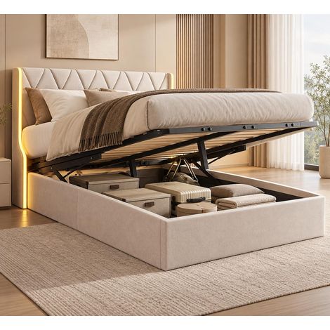 Cama canapé abatible 160x200 cm hidráulica con luces LED RGB, Cabecero con diseño geométrico y somier de láminas, tapizada en terciopelo, Beige (1/5)