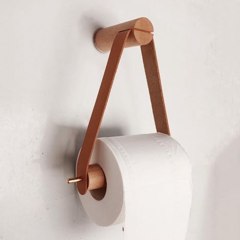 Porte-Papier Toilette - Bois Hêtre et Cuir - Support Mural Réglable pour Rouleaux 13,5 cm - Salle de Bain Intérieure - 1 Pièce (1/5)