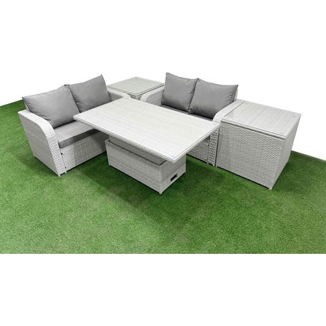 Fimous 4 Seater Outdoor Love Sofa Set Rattan Garden Furniture Set with Adjustable Lifting Dining or Coffee Table 2 Side Tables Light Grey (1/5)