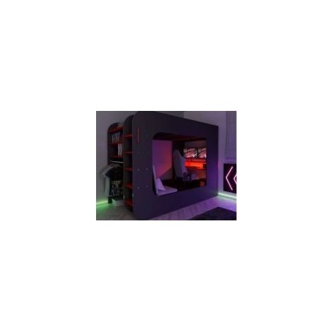 Abitare – Lit mezzanine Pro Gamer 238x127x183 cm noir graphite et rouge avec bureau – Barrière de protection – Éclairage LED télécommandé – Rangement intégré