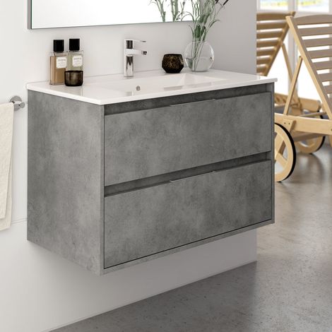Meuble sous vasque seul, 2 tiroirs, 100cm, pour simple vasque - ciment (gris) - IRIS