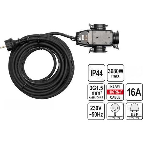 Câble de rallonge IP44, 20m prise de distribution, extérieur/intérieur
