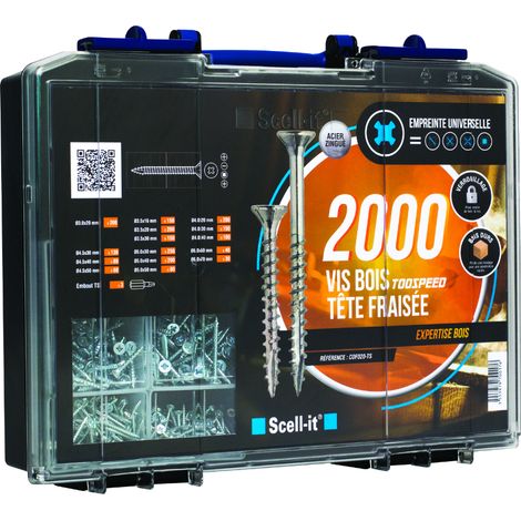 Scell-It – Coffret de 2000 vis à bois universelles Ø3.0-6.0mm – Acier zingué – Pointe anti-fendage – Vissage rapide – COF020TS