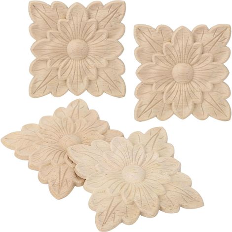 Ménage Appliques En Bois 4 Pcs Belle Fleur Motif En Bois Sculpté Applique Meubles Porte De Jardin Décoration Accessoires (1/5)