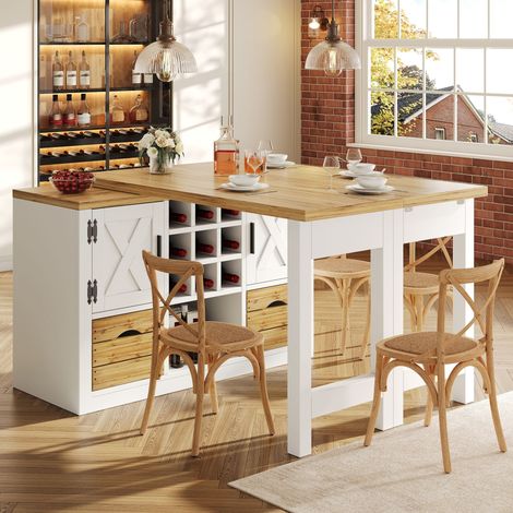 Table à manger extensible 120-197x40x72 cm,plateau pivotant 360°, buffet avec rangement et casier à vin,gain de place,MDF,blanc