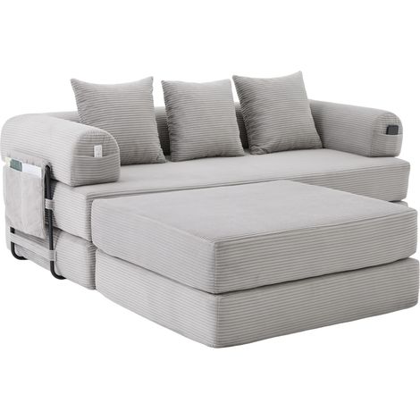 Sofá modular de pana con puf, estructura metálica, 3 cojines y bolsillo lateral, gris claro (1/5)
