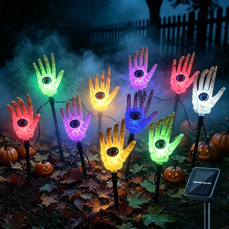 Lampes à piquet de jardin solaires main de squelette d'Halloween, lampes décoratives d'allée extérieures à 10 LED solaires, décorations de cour étanches à main de squelette terrifiante pour jardin, pa (1/5)
