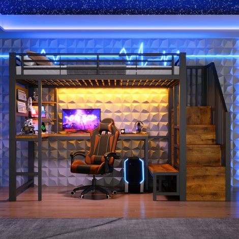 Lit Mezzanine 90x200cm - Lit Enfant Haut en Métal avec Bureau Panneau Perforé Escalier de Rangement LED et Prises USB - Noir (1/5)