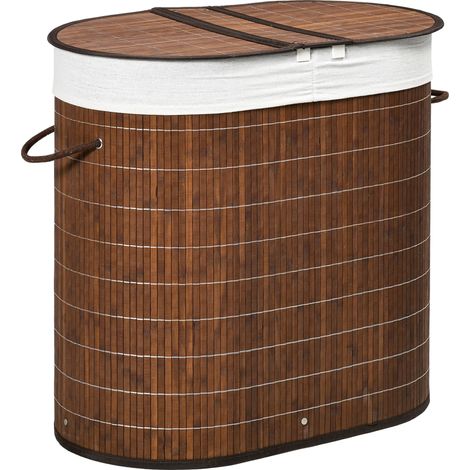 Cesto para ropa sucia de bambú 100L con tapa, 2 compartimentos y asas 62,5 x 37 x 60,5 cm HOMVRA (1/5)