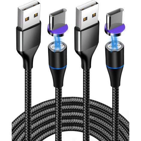2er-Pack 40-W-Magnet-USB-C-Ladegerät, magnetisches Schnellladekabel mit USB-C-Adapter, 3-A-Schnellladefunktion mit LED, 360° drehbarer Stecker, 2 m langes, geflochtenes Nylonkabel, kompatibel mit Sams