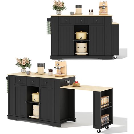 Îlot de cuisine mobile, desserte de cuisine avec table à manger extensible, table de bar escamotable, 7 roues, étagères de rangement, étagères réglables, 138 (213) x 55 x 93 cm (1/4)