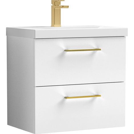 Balterley 600mm Wall Hung Bathroom 2 Drawer Vanity Unit and 1 Tap Hole Ceramic Basin, Gloss White with Brushed Brass Handles