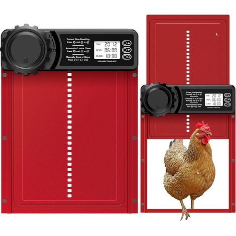 Porte Poulailler Automatique Batterie avec Écran LCD Programmable Étanche, Porte Automatique Poulailler en Aluminium avec Minuterie, Fonction Anti-pincement, Ouvre-Porte Vertical, Rouge (1/5)