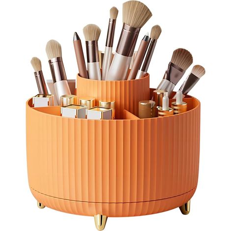 1 - Organisateur Maquillage - Rangement Cosmétique - Rotation 360 Degrés - 5 Compartiments Pour Pinceaux Et Soins - Coiffeuse Salle De Bain - Orange - 25x15cm