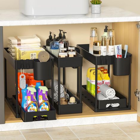 Lot de 3 Rangement sous évier,Organisateur 2 étages avec tiroir,Étagère plastique et acier,4 crochets,Cuisine et buanderie (1/5)