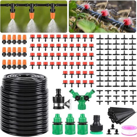 Kit d'irrigation goutte à goutte 50 m, système d'irrigation automatique de jardin avec tuyaux 1/4", buses de pulvérisation réglables et sorties goutte à goutte pour parterres surélevés