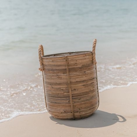 Panier à Linge Rond en Rotin Corbeille de Rangement et Cache-Pot Style Boho 35-40 cm - PANGIVO (1/5)