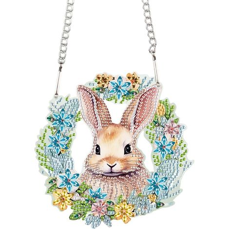 Couronne de porte en peinture diamant, couronne de Pâques, pendentif lapin en peinture diamant avec chaîne, décorations de fenêtre en peinture diamant œuf de Pâques, ensemble de couronne de Pâques pou (1/5)