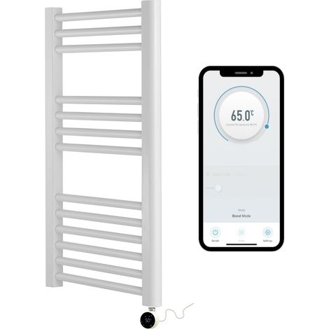 White  Electric Smart WiFi Controlled Heated Towel Rail 400mm W x 800mm H Straight  7 Day Programmable Timer App Compatibility White  Element (1/5)