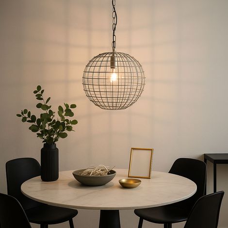 Lampada a sospensione retrò argento lampada da sala da pranzo gabbia appesa lampada a sfera griglia, metallo, 1x attacco E27, PxH 30 x circa 108 cm