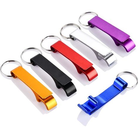 Ensemble de 6 ouvre-bouteilles en aluminium avec anneau porte-clés. Couleurs : noir, argent, or, bleu, rouge et violet. Portables et multifonctionnels. (1/5)