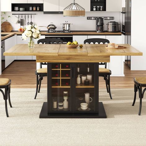 Table extensible 110-140x80 cm avec plateau rabattable et casier à vin, marron, pour 4 à 6 personnes (1/5)