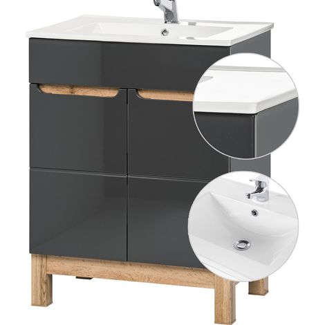 Waschtischunterschrank inkl. 61cm Keramikbecken SOLNA-56 Hochglanz grau, Wotaneiche, B x H x T ca. 61 x 85 x 46cm (1/5)