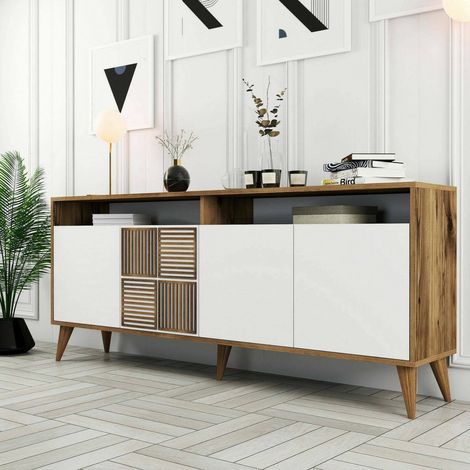 Dmora - Console Dpogg, Table polyvalente, Armoire de rangement, Bureau du couloir, 180x35h79 cm, Noyer et Blanc (1/5)