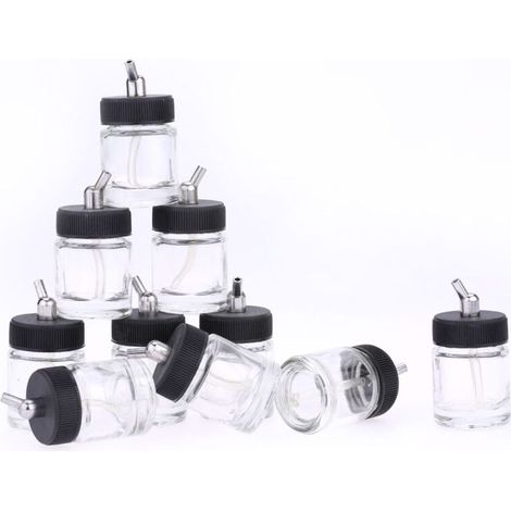 Bouteilles en verre pour aérographe, 10 pièces, bouteilles pour aérographe (pots) avec adaptateur d'angle de 30 °, assemblage de couvercle à utiliser sur les aérographes (1/5)