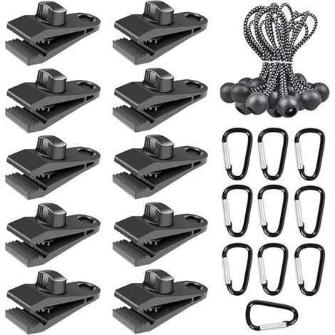 30 Pièces Clip de Tente Clips de Bâche Pince pour Auvent Pinces pour Bache avec Corde à Billes Élastique et Mousqueton pour Camping en Plein Air Tentes Auvents (1/5)