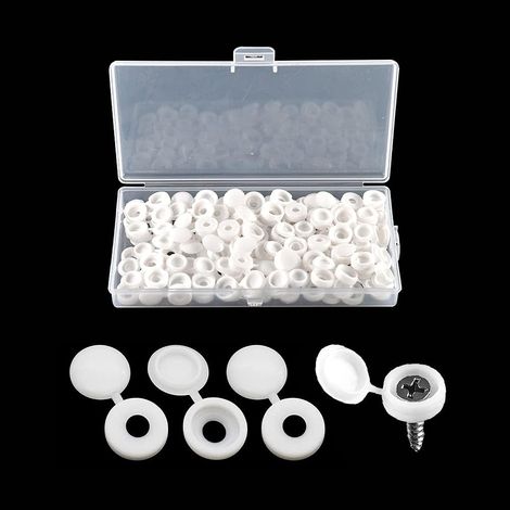 90 Pièces Bouchon à Vis en Plastique, Cache Vis à Charnière pour Les Vis Nombre 6/8, avec Boîte de Rangement, Couvercles à Bouton-Pression à Vis pour Meubles, Placards, Étagères, Blanc (1/5)