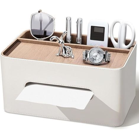 Boîte à Mouchoir en Cuir avec 2 Compartiments, Rectangulaire Boite Mouchoirs, Multifonctionnelle Organisateur de Bureau pour Bureau, Maison (1/5)