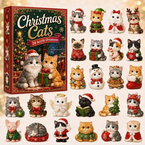 Adventskalender 2026 mit grauer und roter Katze, 2D-Überraschungsbox