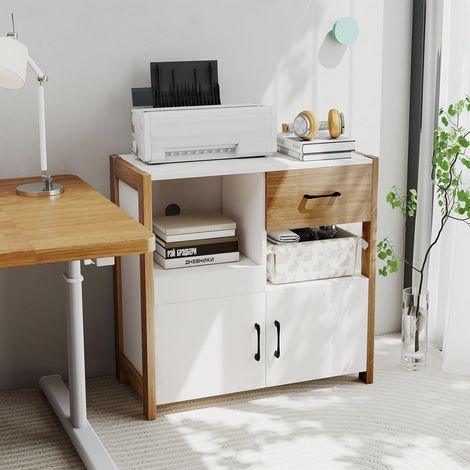 GOPLUS Buffet Cuisine, 82 x 40 x 81 CM, Meuble de Rangement avec Tiroir, Plateau Grand, Placard avec Porte, 2 Compartiment Ouvert, Trou pour Câble, Antibasculement, Peu Encombrant pour Cuisine, Blanc (1/5)