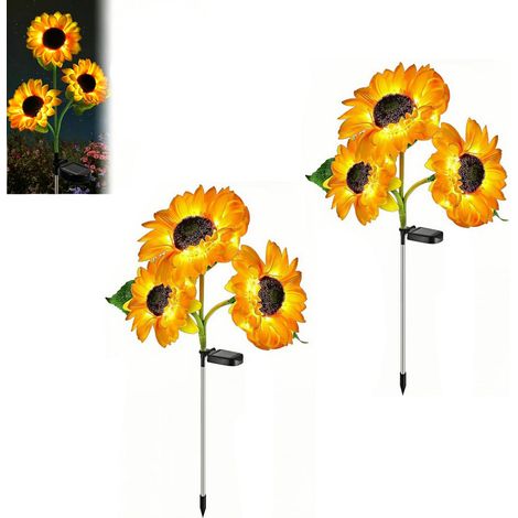 Solar-Gartenleuchten: Set aus 2 LED-Außenleuchten mit 3 Sonnenblumenköpfen, wasserdicht, warmgelb, zur Dekoration Ihres Gartens, Ihrer Terrasse oder Veranda. (1/5)