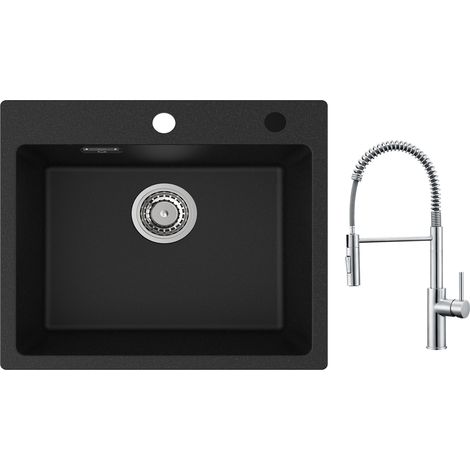Lavello da Cucina in Quarzo Antracite 1 Vasca 50 x 45 cm Lavello da Cucina in Quarzo + Miscelatore da Cucina a Molla con Doccetta Estraibile, 2 Modalità di Uscita dell'Acqua, Spazzolato (1/5)