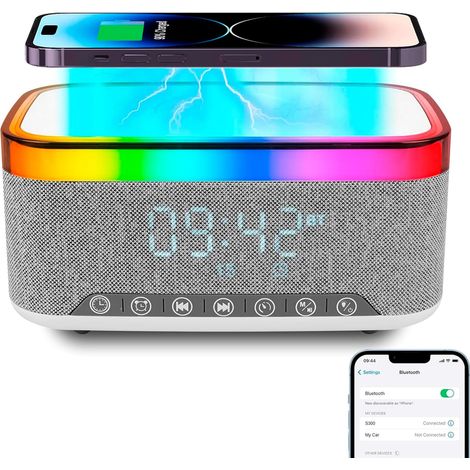 Lampada con ricarica wireless, sveglia con ricarica a induzione, altoparlante Bluetooth con illuminazione ambientale sincronizzata con la musica, sveglia digitale, ideale per camera da letto, campeggi (1/5)