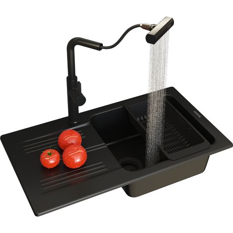 ÉVIER EN GRANIT ADA SIMPLE BOL MÉLANGEUR NOIR GIRO SIPHON BASKET (1/5)