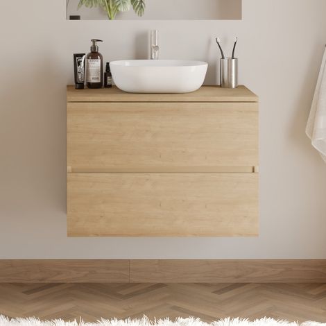 Meuble de salle de bain 60cm avec plateau et vasque à poser arrondie - 2 tiroirs - sans miroir - nebraska (chêne clair) - IDA (1/5)