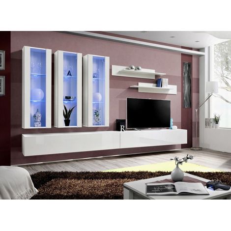 Ensemble meuble TV mural  - Fly III - 320 cm x 190 cm x 40 cm - Blanc - Livraison gratuite