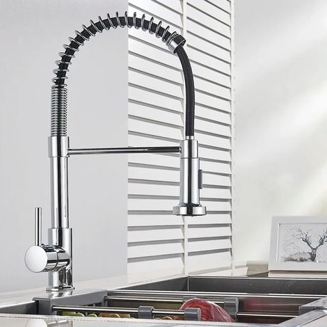 Robinet de cuisine à ressort en nickel brossé (chrome), mitigeur sur plage, rotation à 360°, douchette, robinets d'eau chaude et froide pour évier de cuisine. (1/5)