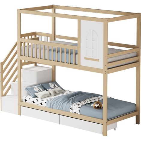 Lit superposé enfant bois massif naturel 90x200 cm, forme maison avec échelle et tiroirs de rangement (1/5)