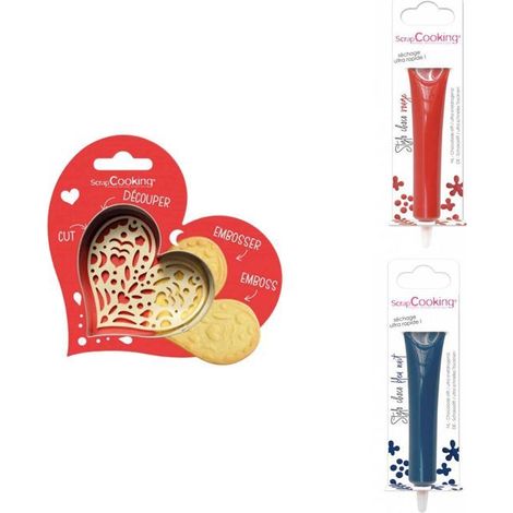 Kit pour biscuit en relief Coeur + 2 Stylos au chocolat rouge et bleu nuit (1/3)