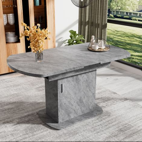 Table à manger ovale extensible 110-130x70x75 cm effet béton avec rangement et poignée argentée, design moderne et gain de place (1/5)