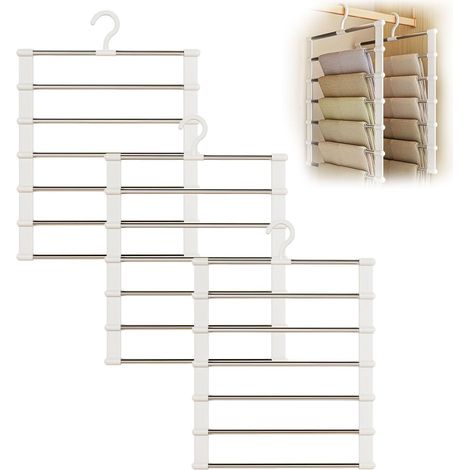 Lot de 3 cintres à pantalons, portant en acier inoxydable, antidérapant et flexible, 7 barres, crochets rotatifs à 360°, cintre multifonctionnel et peu encombrant pour vêtements, jeans, foulards, serv (1/5)