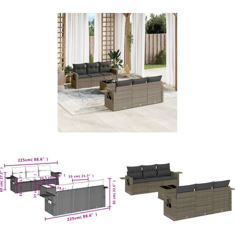 7-tlg. Garten-Sofagarnitur mit Kissen Grau Poly Rattan - Gartenmöbel - PE-Rattan - Outdoor Möbel - Lounge Set - Sofasitzgruppe - Home & Living (1/3)