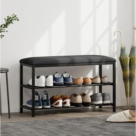 Panca portascarpe con seduta imbottita e 2 ripiani aperti, nera, OKMYHOME (1/5)