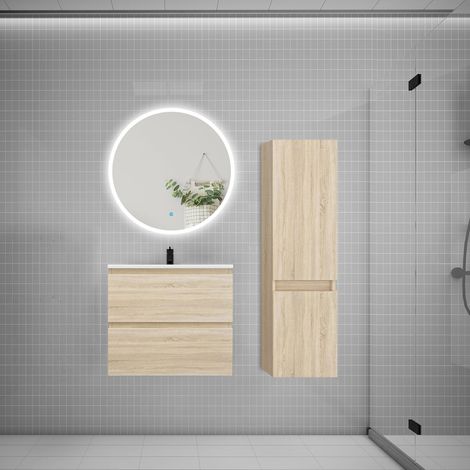 Ensemble meuble vasque L.60cm 2 tiroirs + lavabo + LED miroir rond 70cm + colonne C,chêne